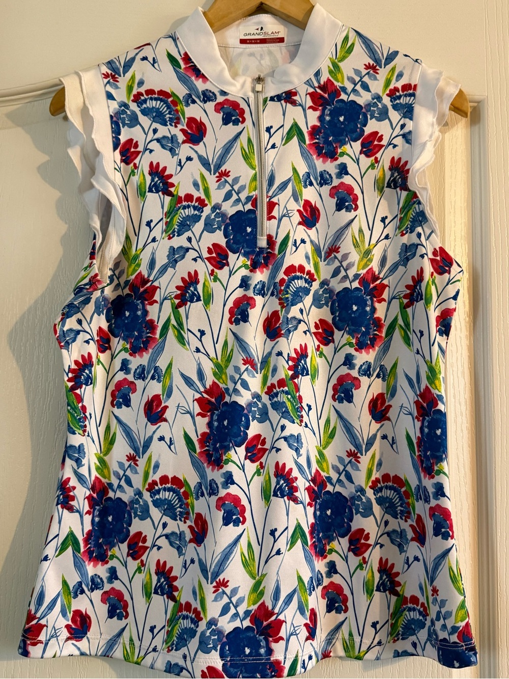 Grand Slam White Floral Zip Golf Polo with Red & Blue Accents